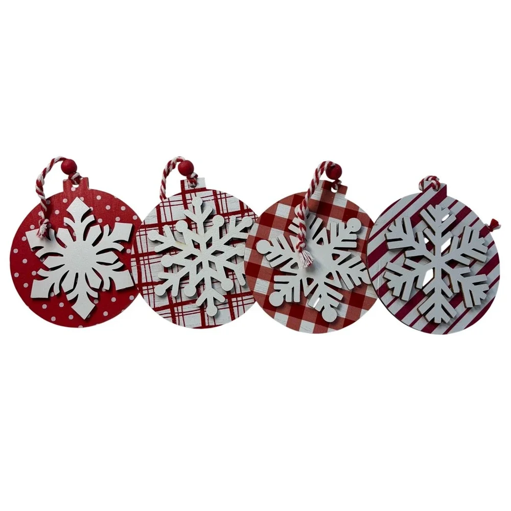 4pc Red White Wooden Snowflake Christmas Ornaments Plaid Polka Dot Striped Decor
